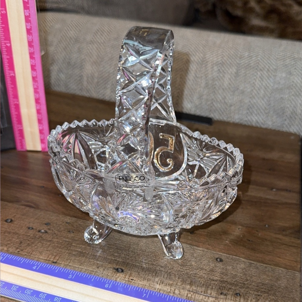 VTG 5” Crystal decor Small Footed Heavy Basket / Candy Bowl 50th Wed Anniversary - Picture 2 of 2